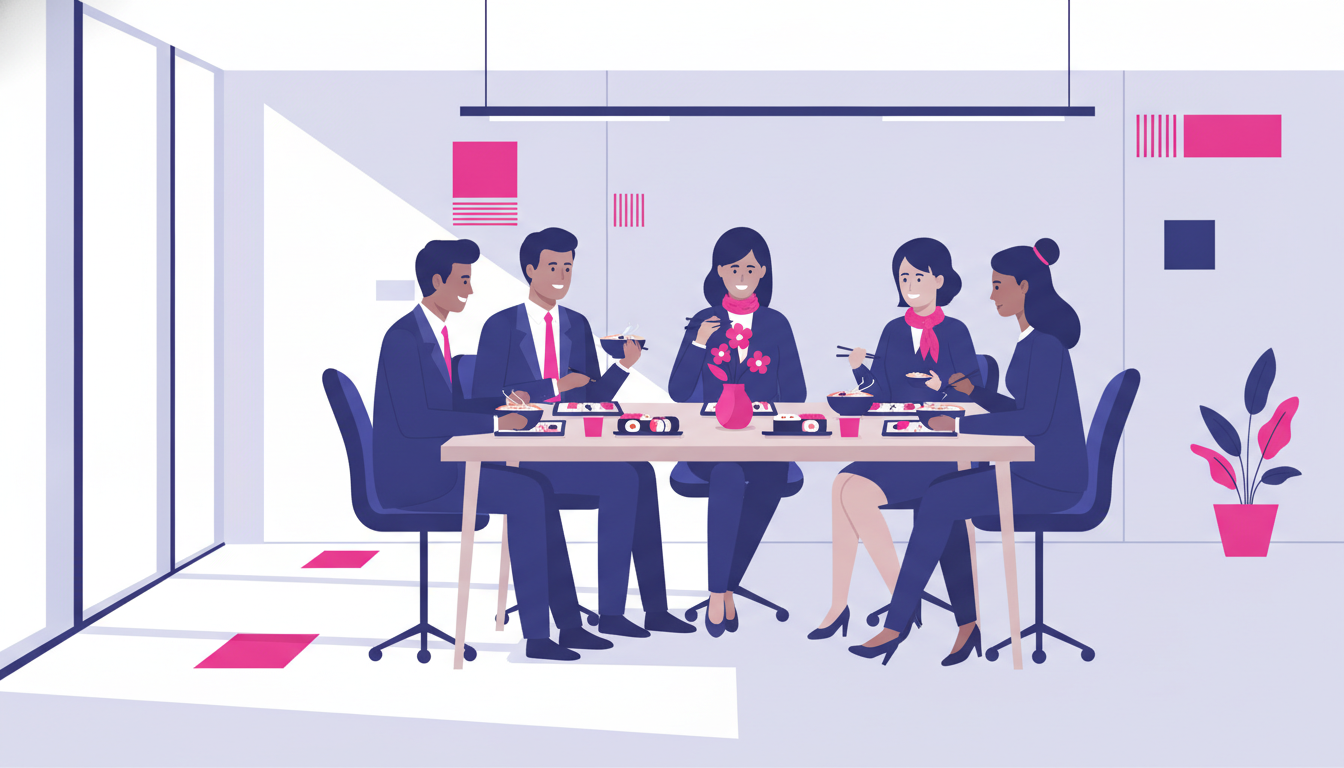 a group of international coworkers sharing lunch together in a bright, modern Japanese office cafeteria