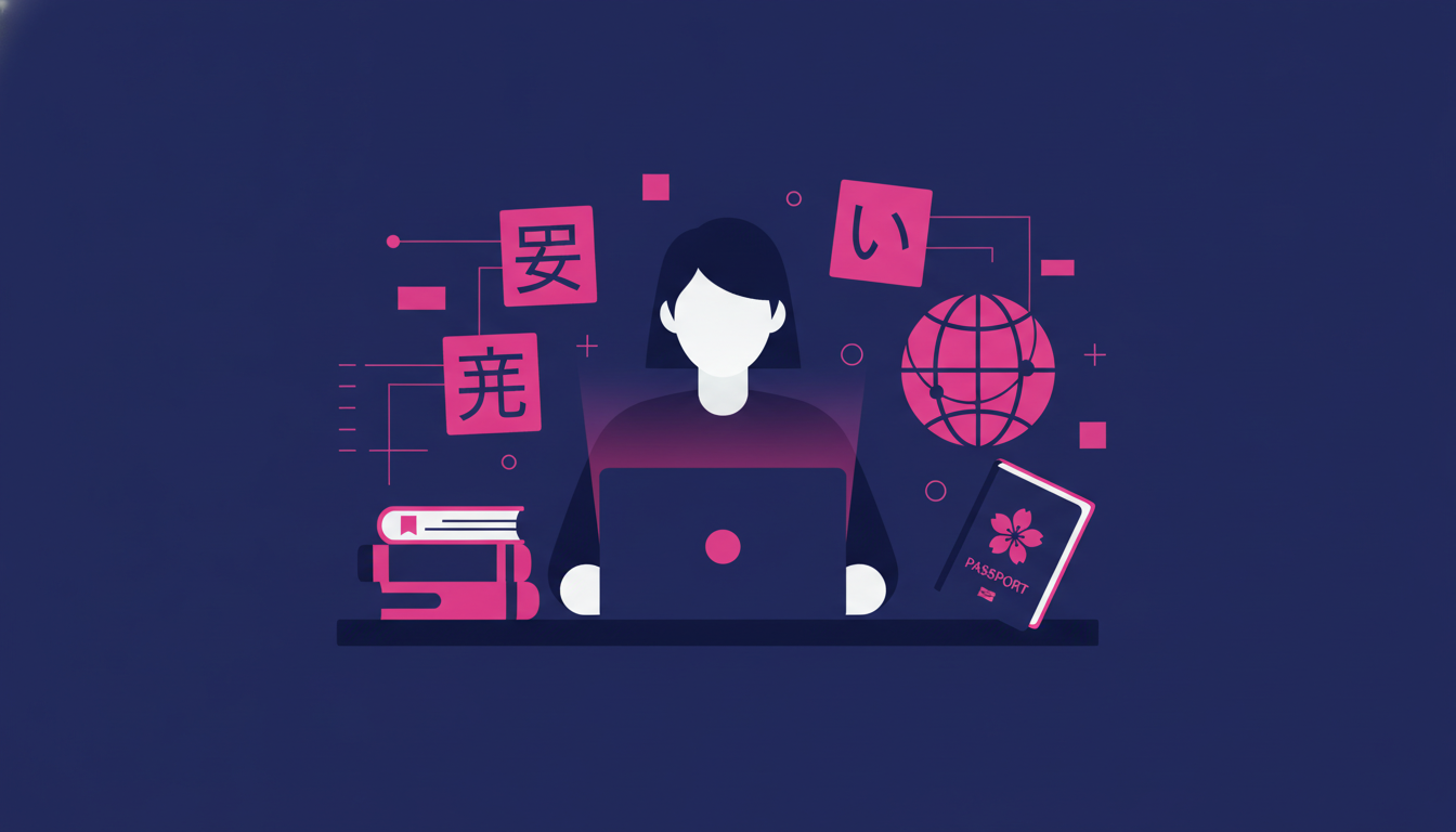 a person sitting at a desk with a laptop open, surrounded by Japanese language study materials and a passport