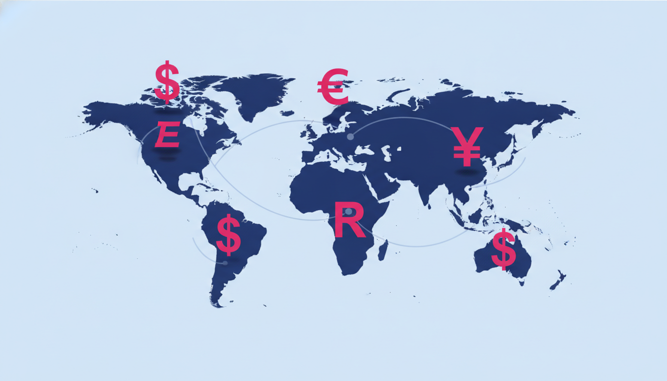 A world map highlighting different continents with their respective currency symbols floating above each region