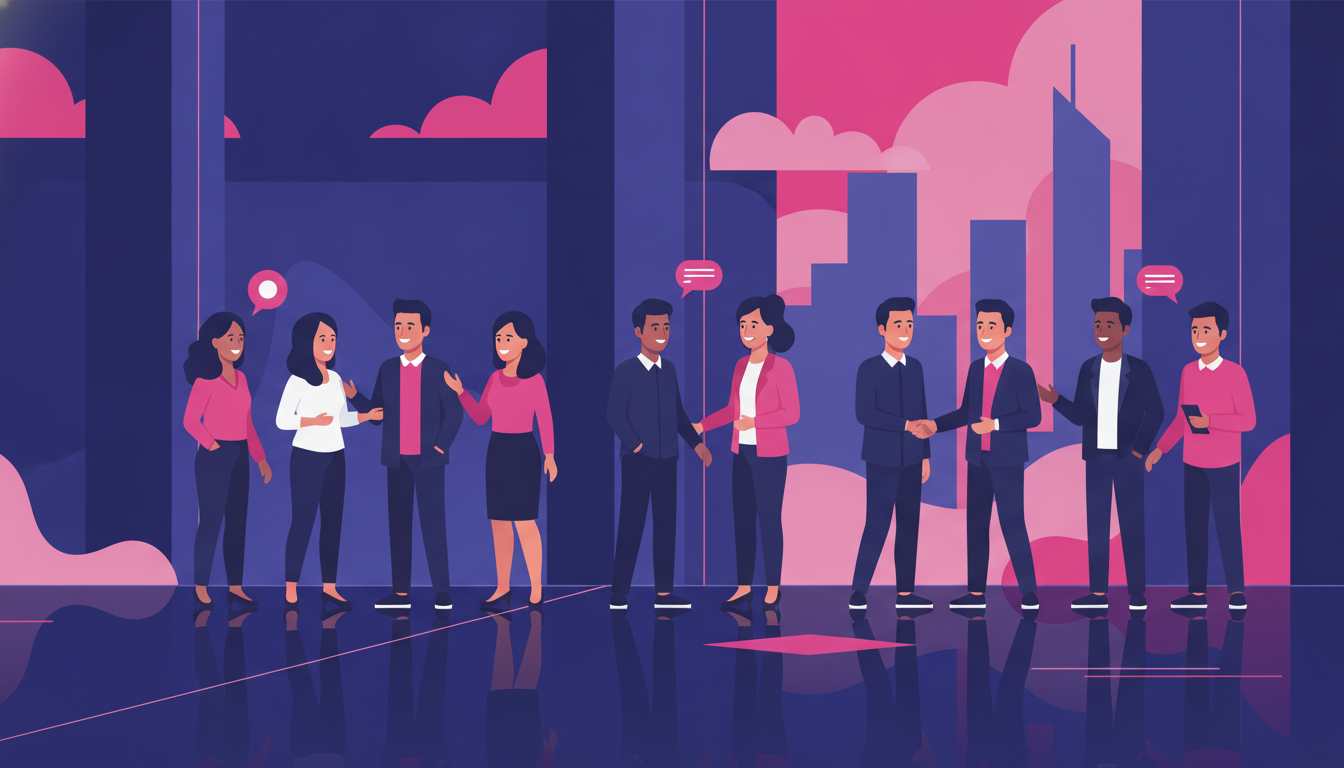 a group of diverse Indonesian people in business casual attire gathered at an international community event, smiling and networking in a modern city venue