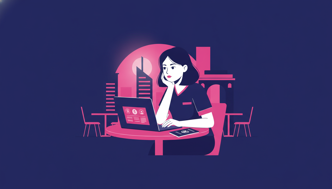 a young Indonesian woman with a laptop and passport sitting at a cafe in a foreign city, looking thoughtful and determined