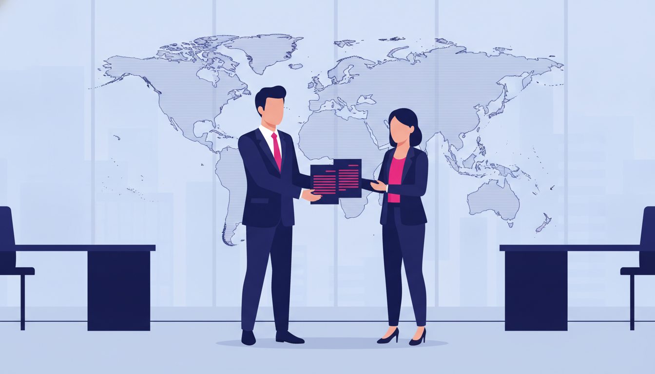 an Indonesian man in professional attire handing documents to a colleague in an international office setting, with a world map visible in the background