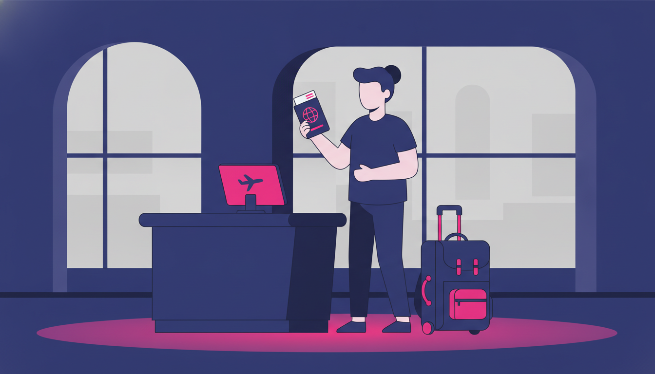 a person holding an open passport at an airport check-in counter with luggage nearby