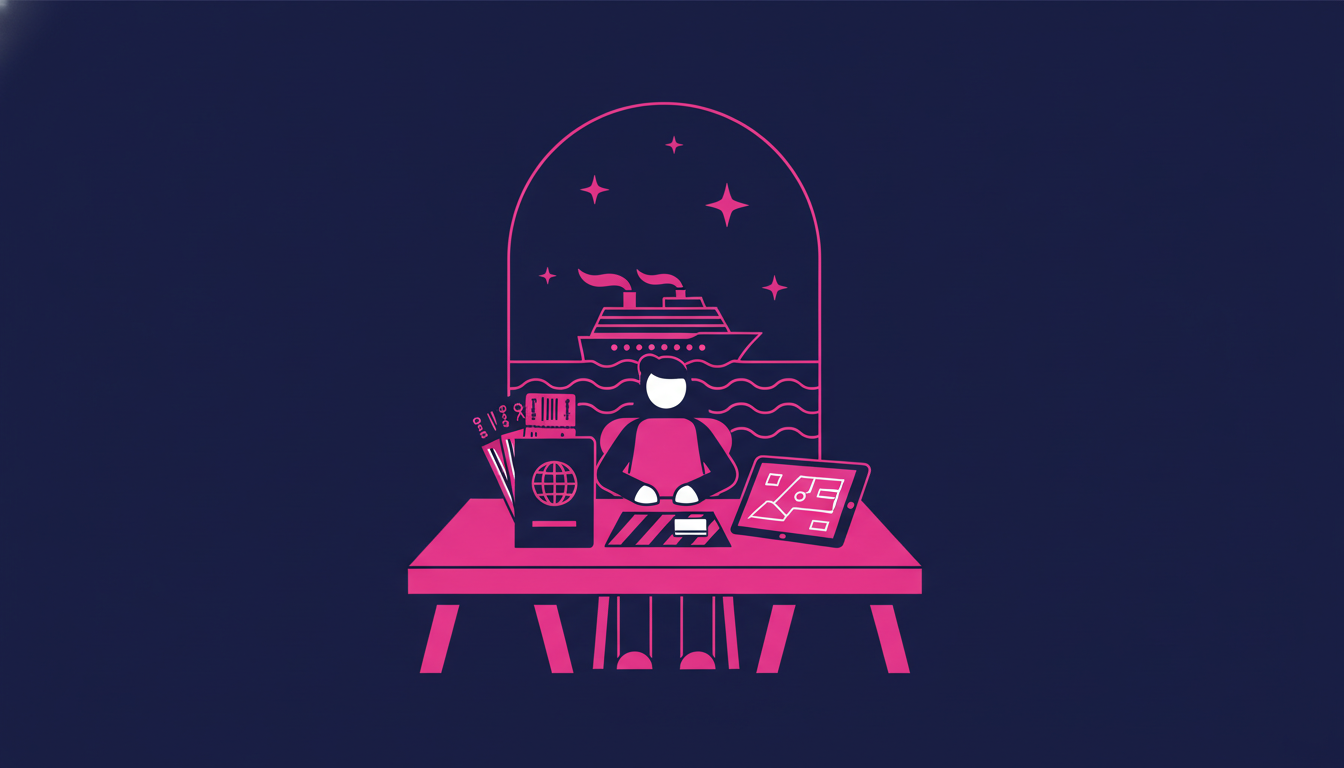 a traveler at a wooden desk organizing travel documents including a passport and boarding papers before a cruise trip
