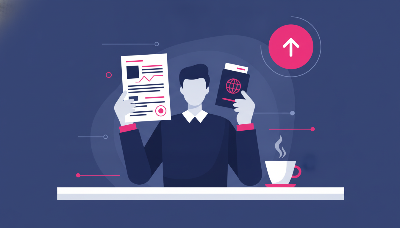 Bagaimana Cara Kerja di Singapura: Panduan Lengkap 3 A person sitting at a clean wooden desk reviewing official documents and a passport, with a cup of coffee beside them