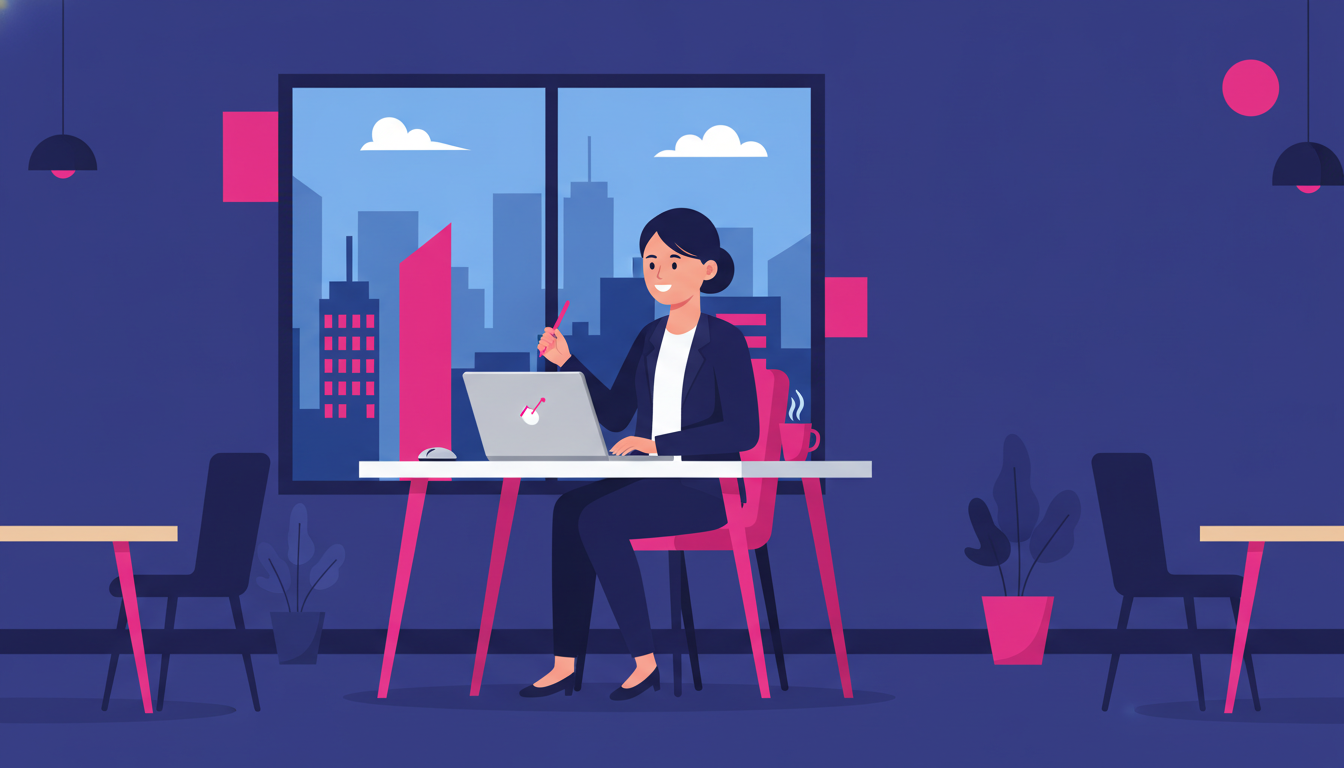 a young Indonesian professional smiling while looking at a laptop in a modern co-working space with an international city skyline visible through the window