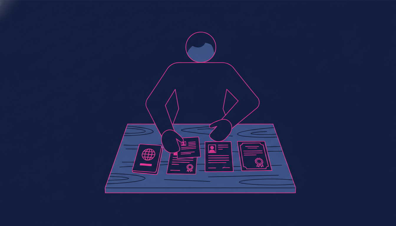 a person organizing important documents like a passport, resume, and certificates neatly on a wooden desk