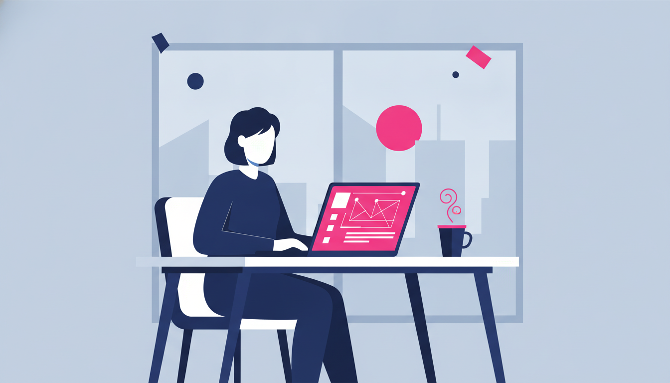 a woman using a laptop to browse job listing websites while sitting at a bright home office with a cup of coffee beside her