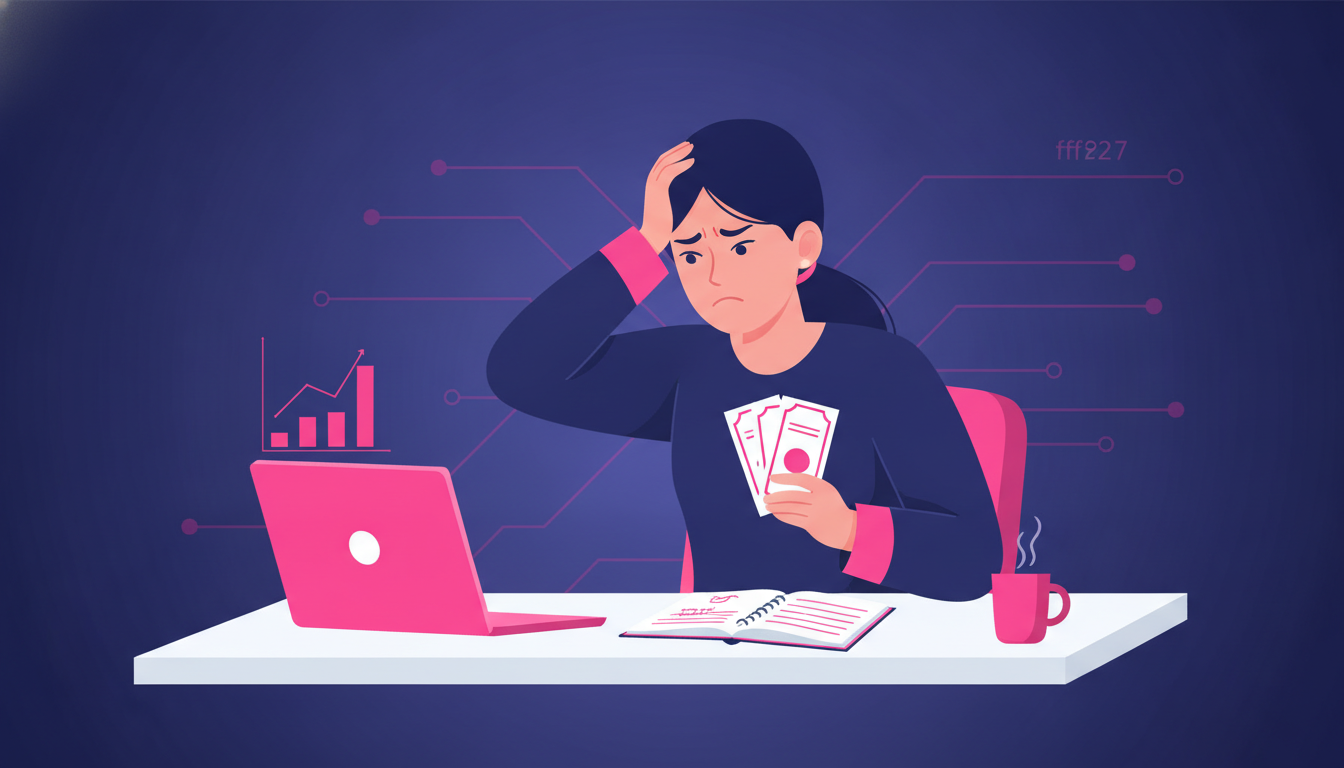 Bagaimana Cara Menghemat Uang: Panduan Praktis 2 a young Indonesian woman sitting at a desk, looking stressed while reviewing paper bills and an open notebook with handwritten budget notes
