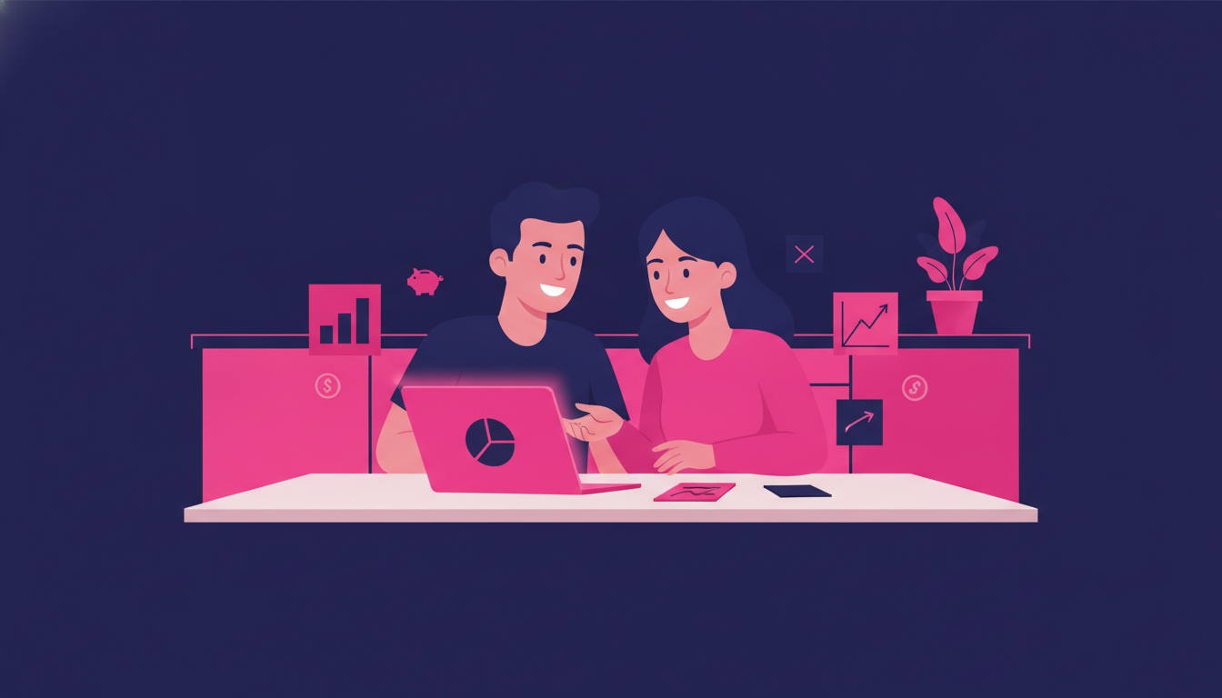 Bagaimana Cara Menghemat Uang: Panduan Praktis 3 a young Indonesian couple sitting together at a kitchen table, smiling while planning a budget on a laptop and sticky notes spread around them
