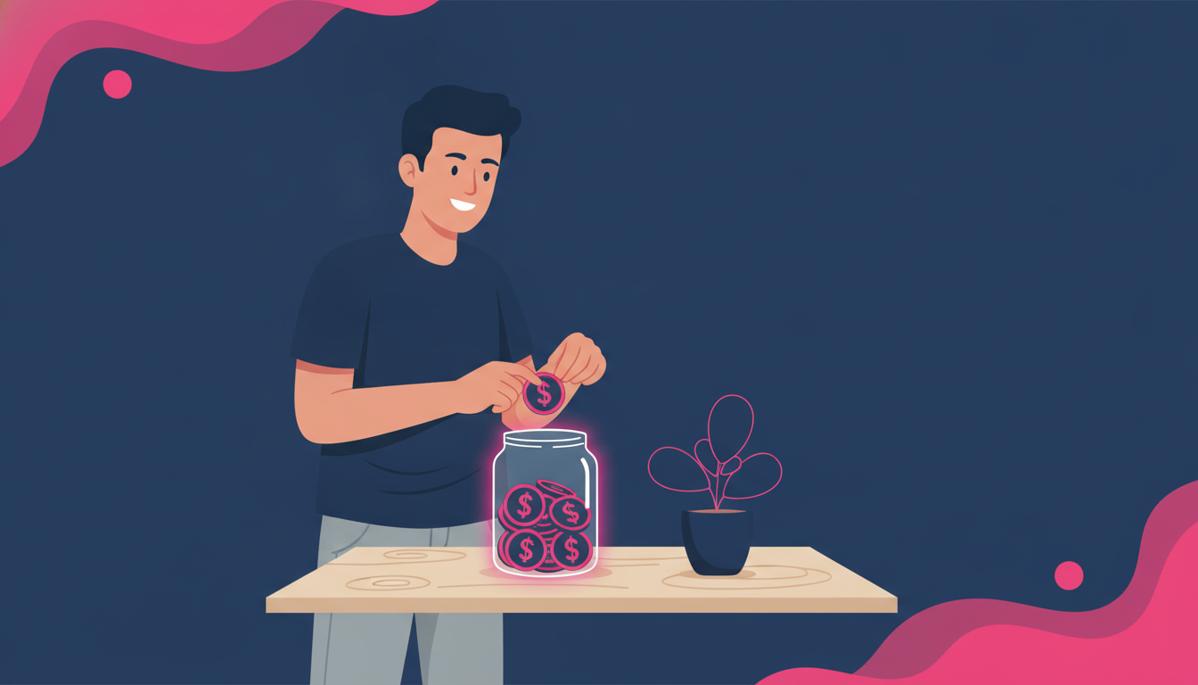 Bagaimana Cara Menghemat Uang: Panduan Praktis 4 a smiling Indonesian man in casual clothes placing coins into a clear glass jar filled with coins on a wooden table, with a small plant nearby