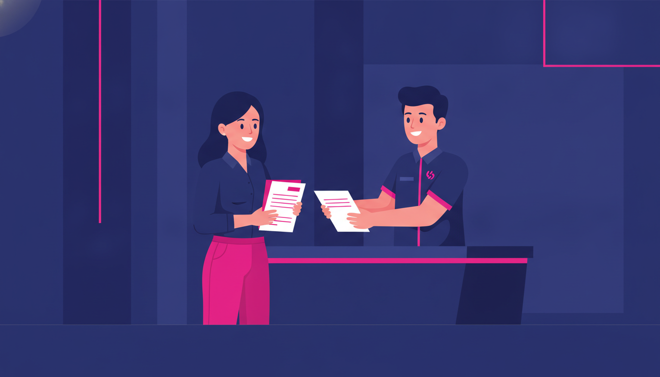 Bagaimana Cara Menabung Emas di Pegadaian dengan Mudah 2 a smiling young Indonesian woman at a Pegadaian counter handing over documents to a friendly staff member in uniform
