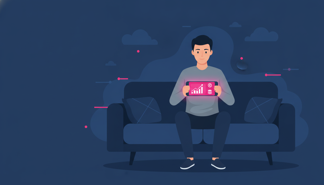 Bagaimana Cara Menabung Emas di Pegadaian dengan Mudah 4 a young Indonesian man sitting on a couch using a smartphone with a gold savings app open on screen