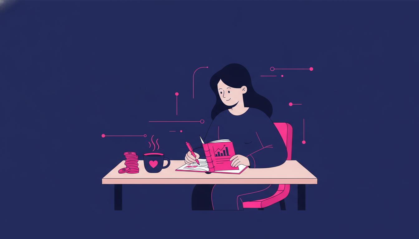 a young woman sitting at a wooden desk writing in a financial notebook with coins and a cup of coffee nearby