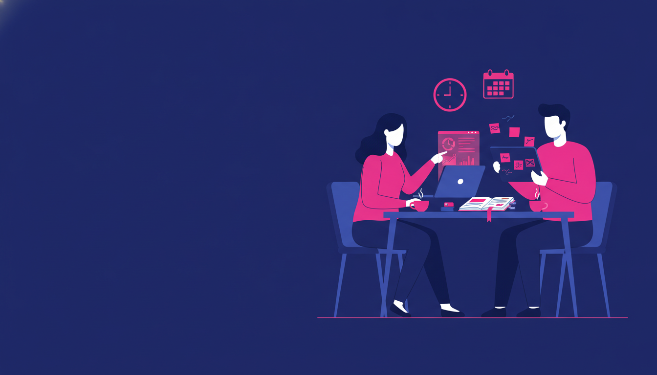 a couple sitting together at a kitchen table reviewing a budget planner with sticky notes and a laptop open