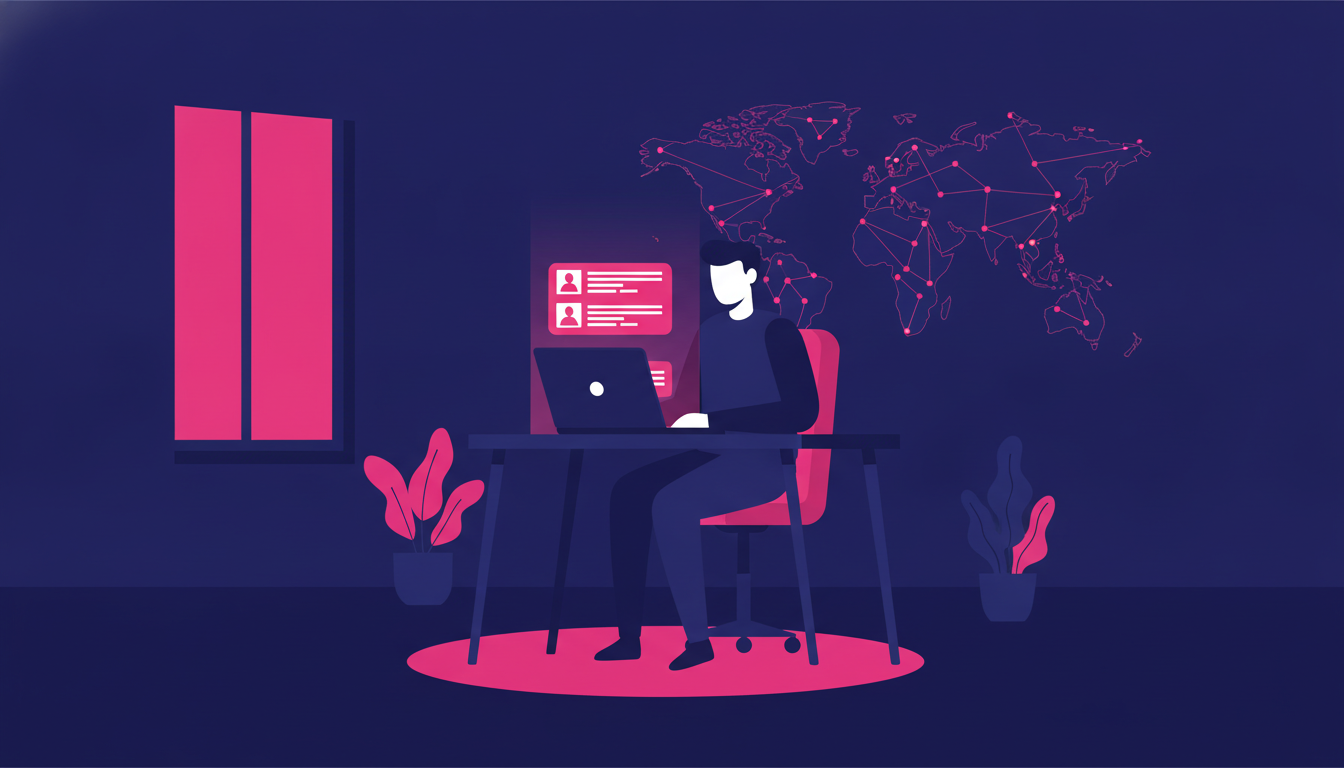 How to Find a Job Abroad: A Practical Guide 2 a young professional sitting at a desk with a world map on the wall, browsing job listings on a laptop in a cozy home office