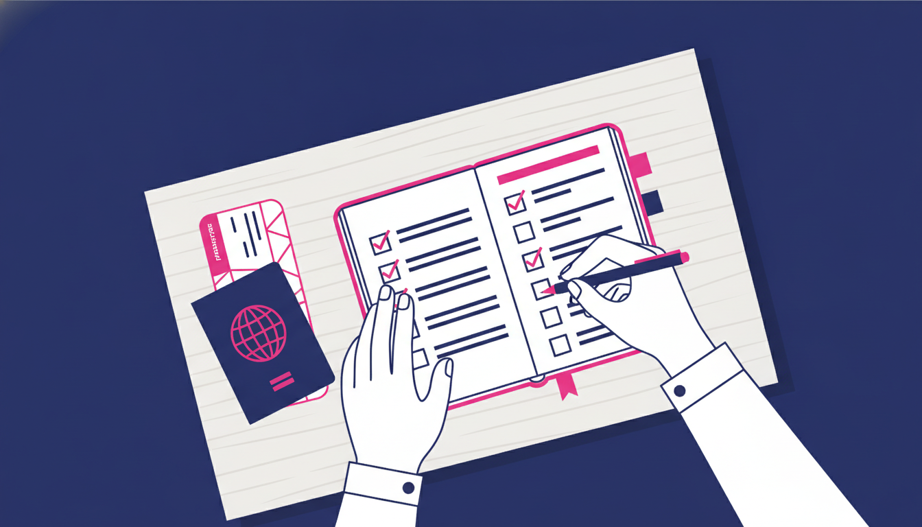 How to Find a Job Abroad: A Practical Guide 3 a person writing a structured checklist in a notebook next to a passport and boarding pass on a wooden table