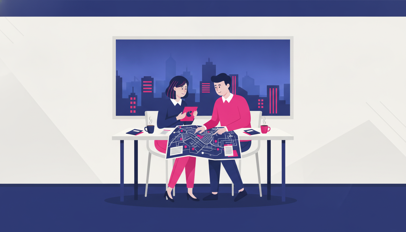 How to Find a Job Abroad: A Practical Guide 4 a professional expat couple reviewing documents and a city map together at a kitchen table, preparing for relocation
