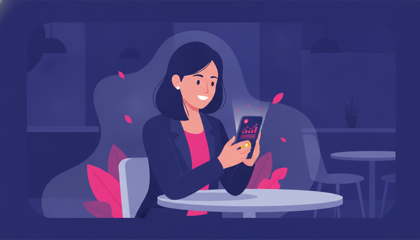 How to Save Gold at Pegadaian: A Beginner's Guide 3 a young Indonesian woman sitting at a café table, smiling while looking at a smartphone app showing a gold savings dashboard