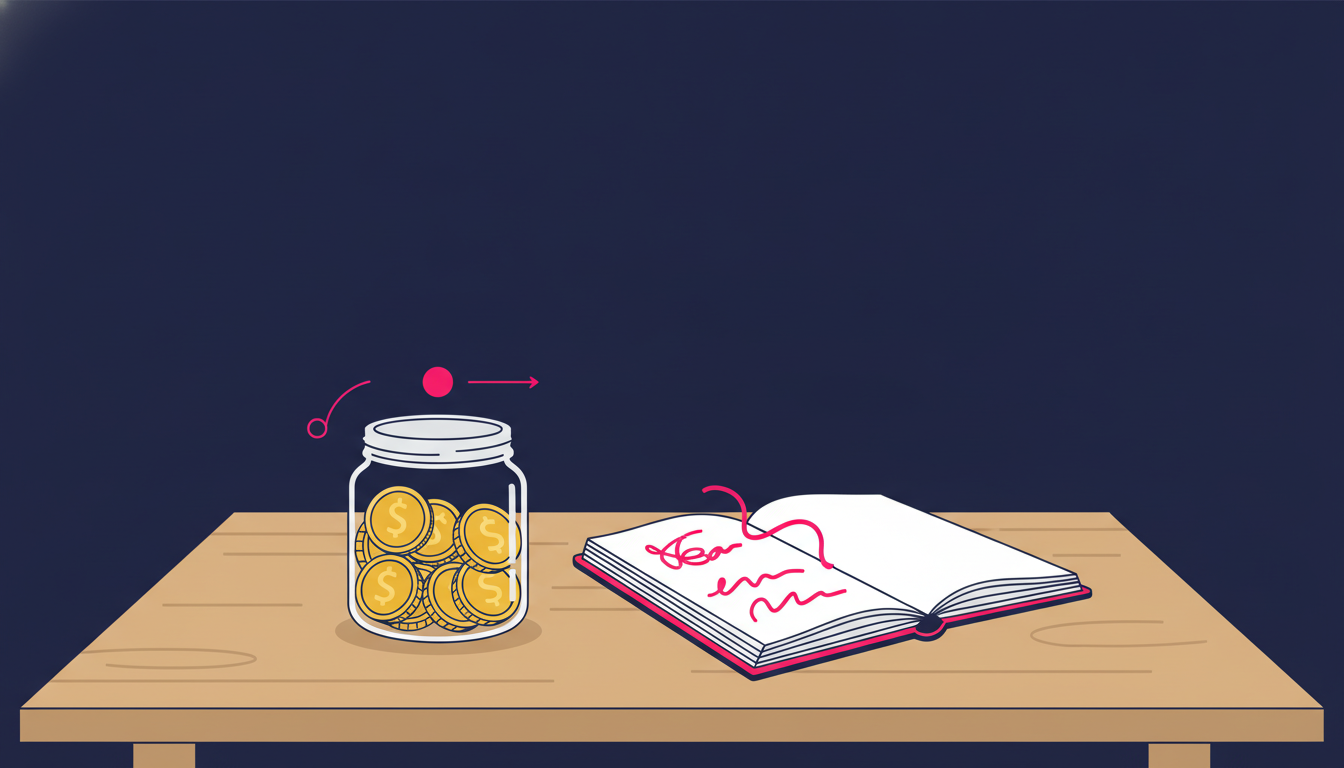How to Save Gold at Pegadaian: A Beginner's Guide 4 a small glass jar filled with gold-colored coins placed next to a notebook with a handwritten savings plan on a wooden table