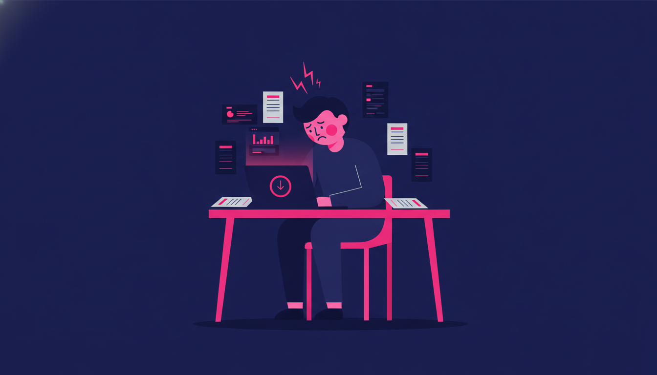 a person looking stressed at a kitchen table surrounded by bills and a laptop open to a banking app