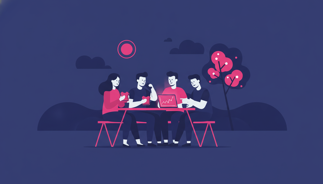 a group of young professionals having a casual outdoor lunch together, looking relaxed and happy