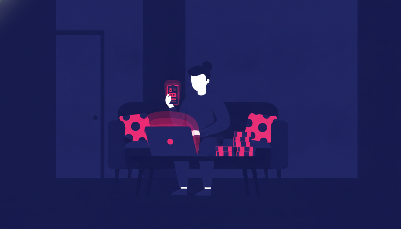a person sitting at a laptop in a modern apartment, holding a smartphone and looking at a banking app, with Indonesian rupiah bills on the table nearby