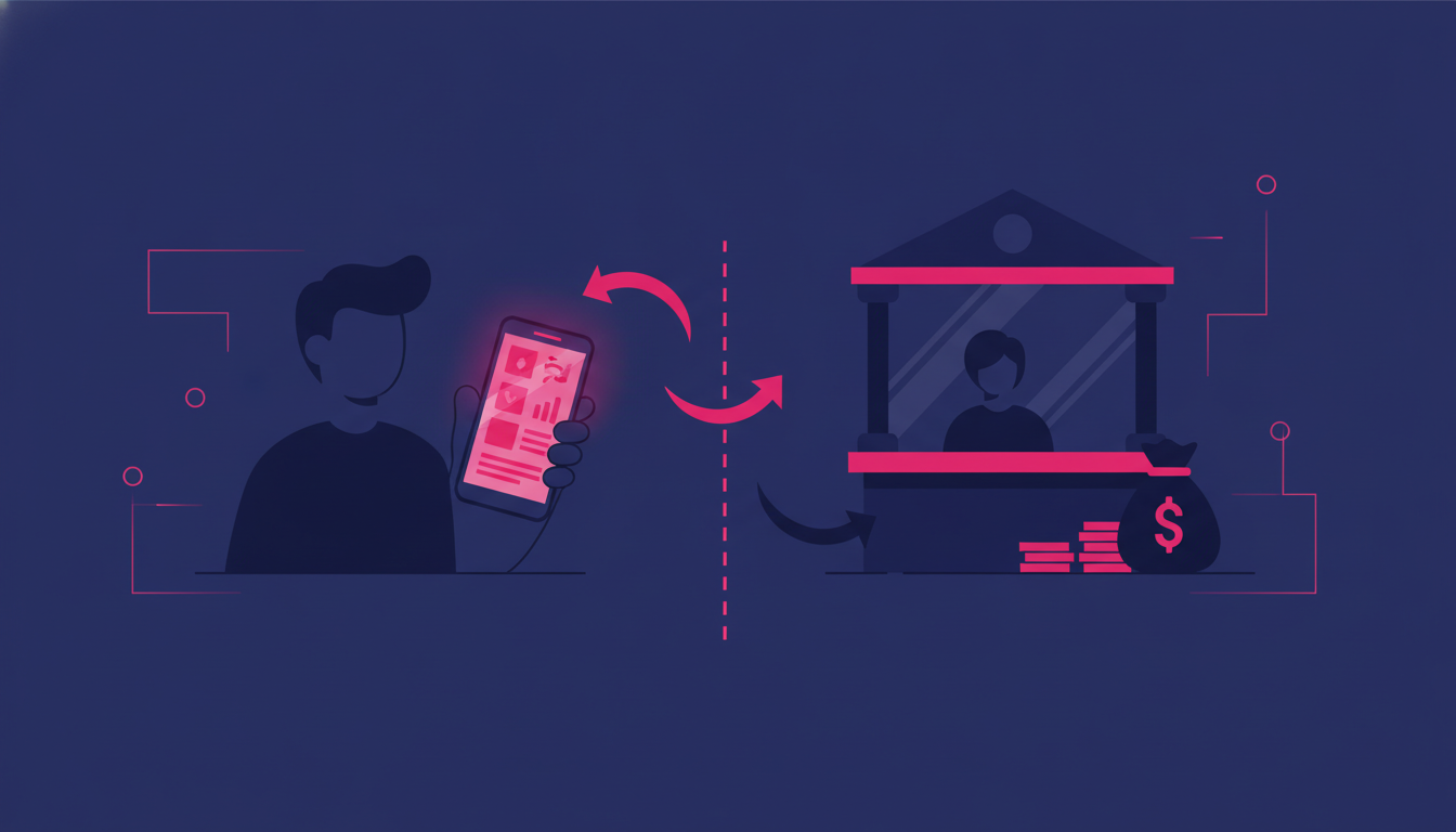 a side-by-side scene of a person using a mobile phone app on the left and a bank teller window on the right, representing digital vs traditional transfer methods