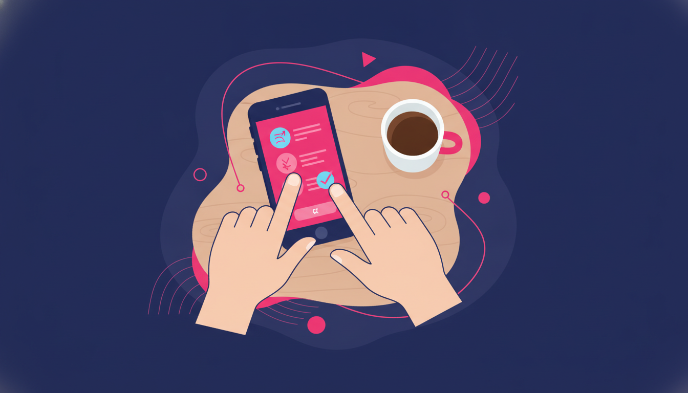 a close-up of hands typing on a smartphone screen with a transfer confirmation screen visible, next to a cup of coffee on a wooden desk
