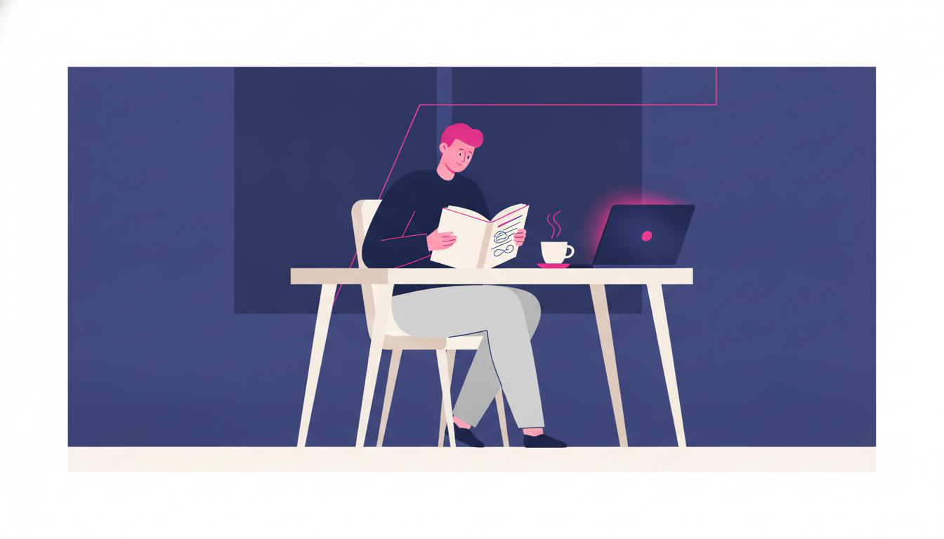a person sitting at a wooden desk reviewing a handwritten budget notebook next to a cup of coffee and a laptop