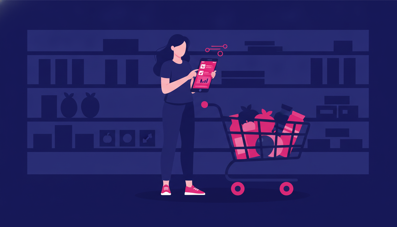 a young woman using a smartphone app to log grocery expenses while standing in a supermarket aisle