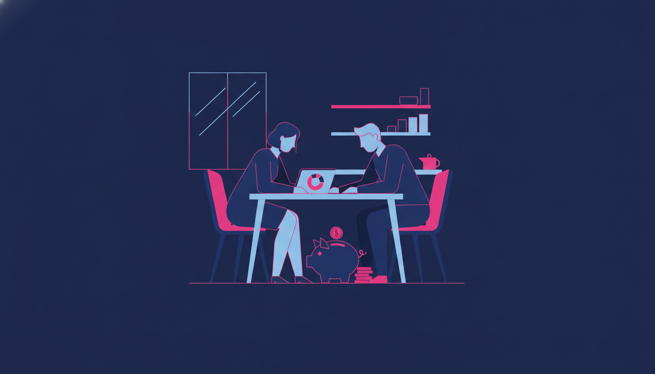 a couple sitting together at a kitchen table looking at a budget planner and piggy bank on the table in front of them