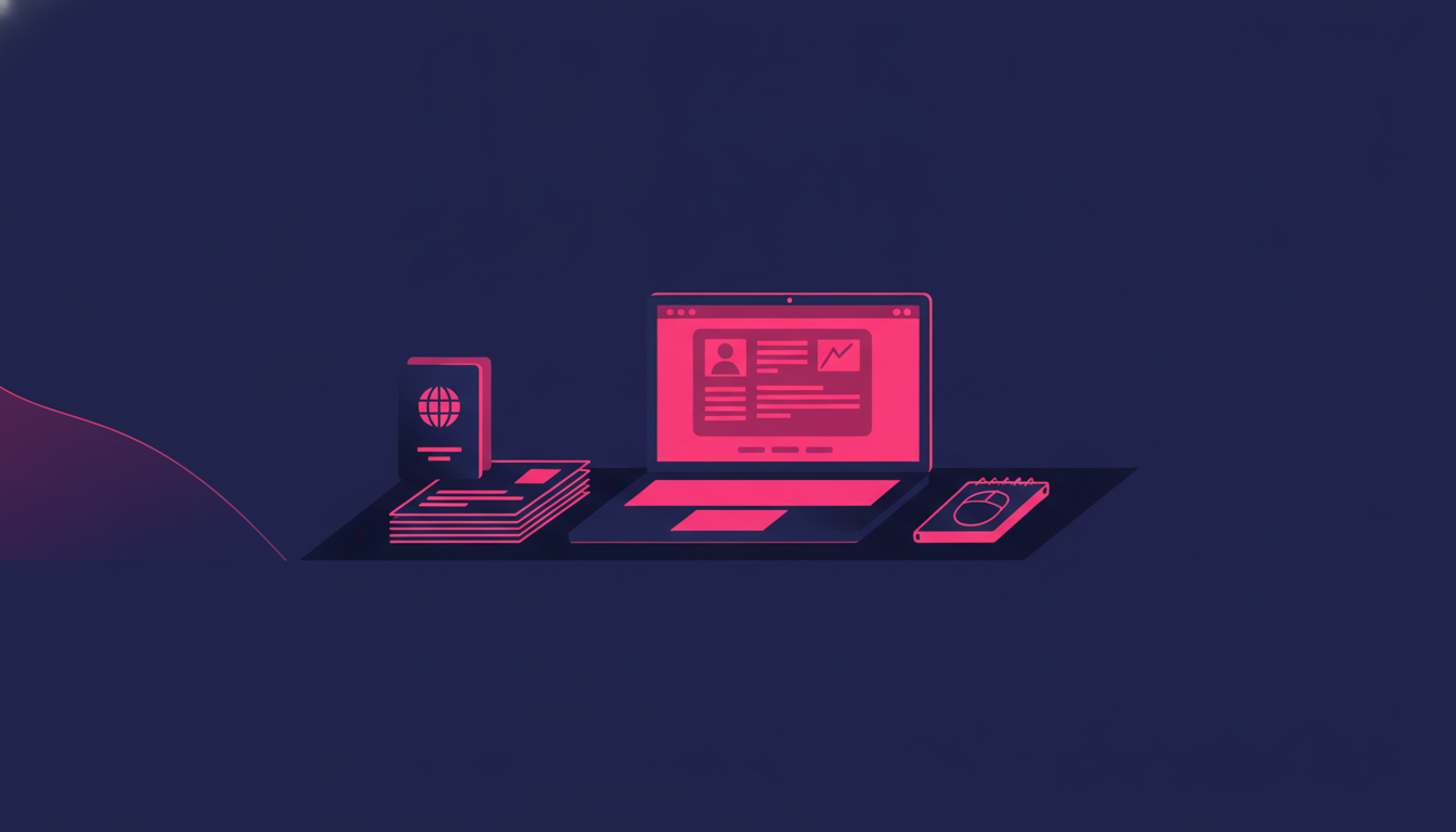 a neatly organized desk with a passport, printed documents, and a laptop open to an official government website
