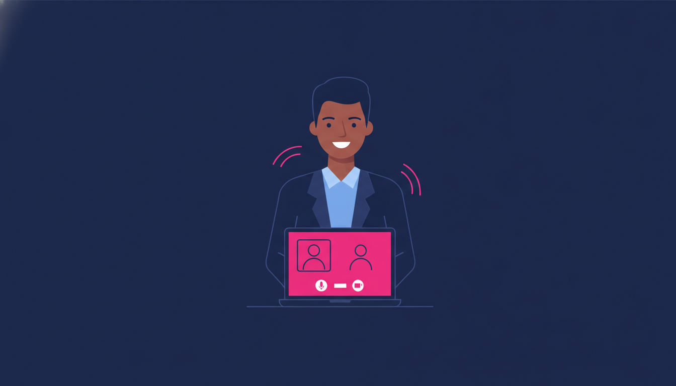 a person in a professional outfit having a video call job interview on a laptop, looking confident and smiling