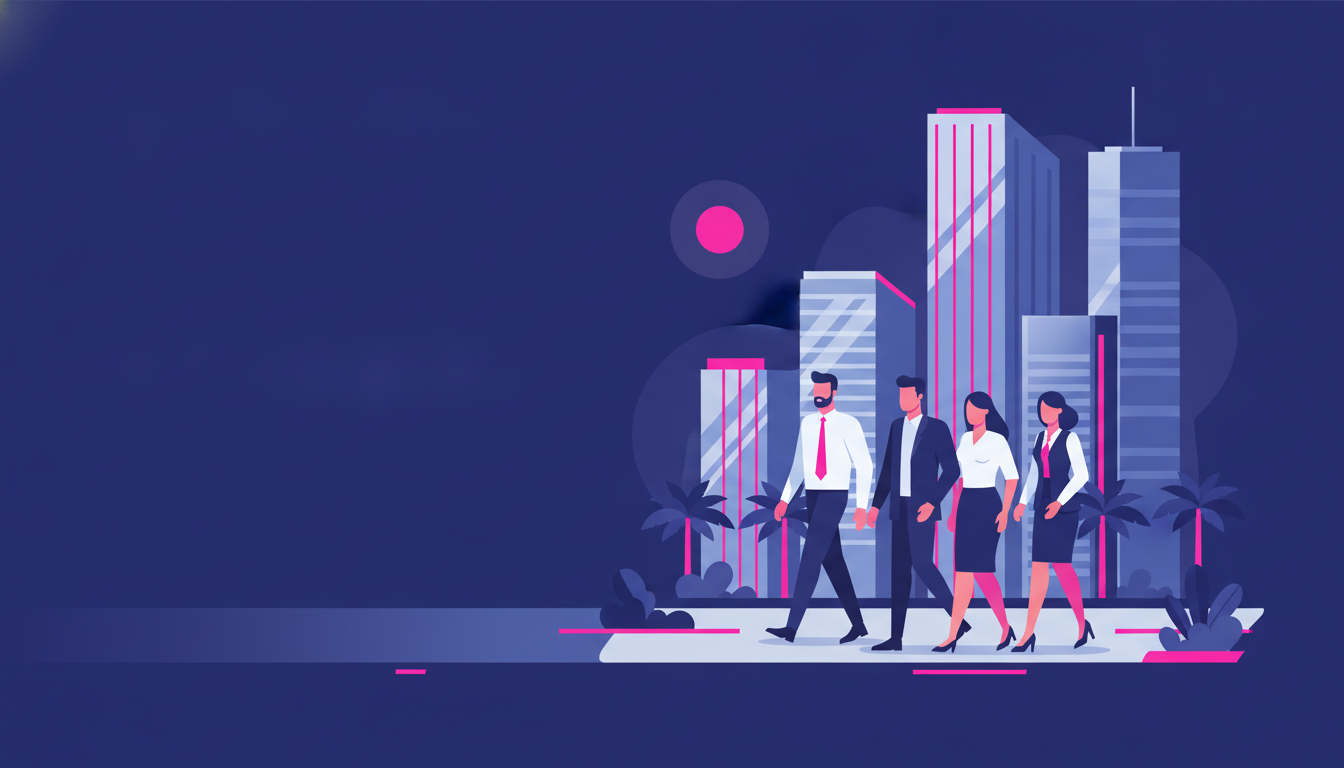 a diverse group of professionals in business casual attire walking through a modern glass-and-steel office district in Singapore on a sunny morning