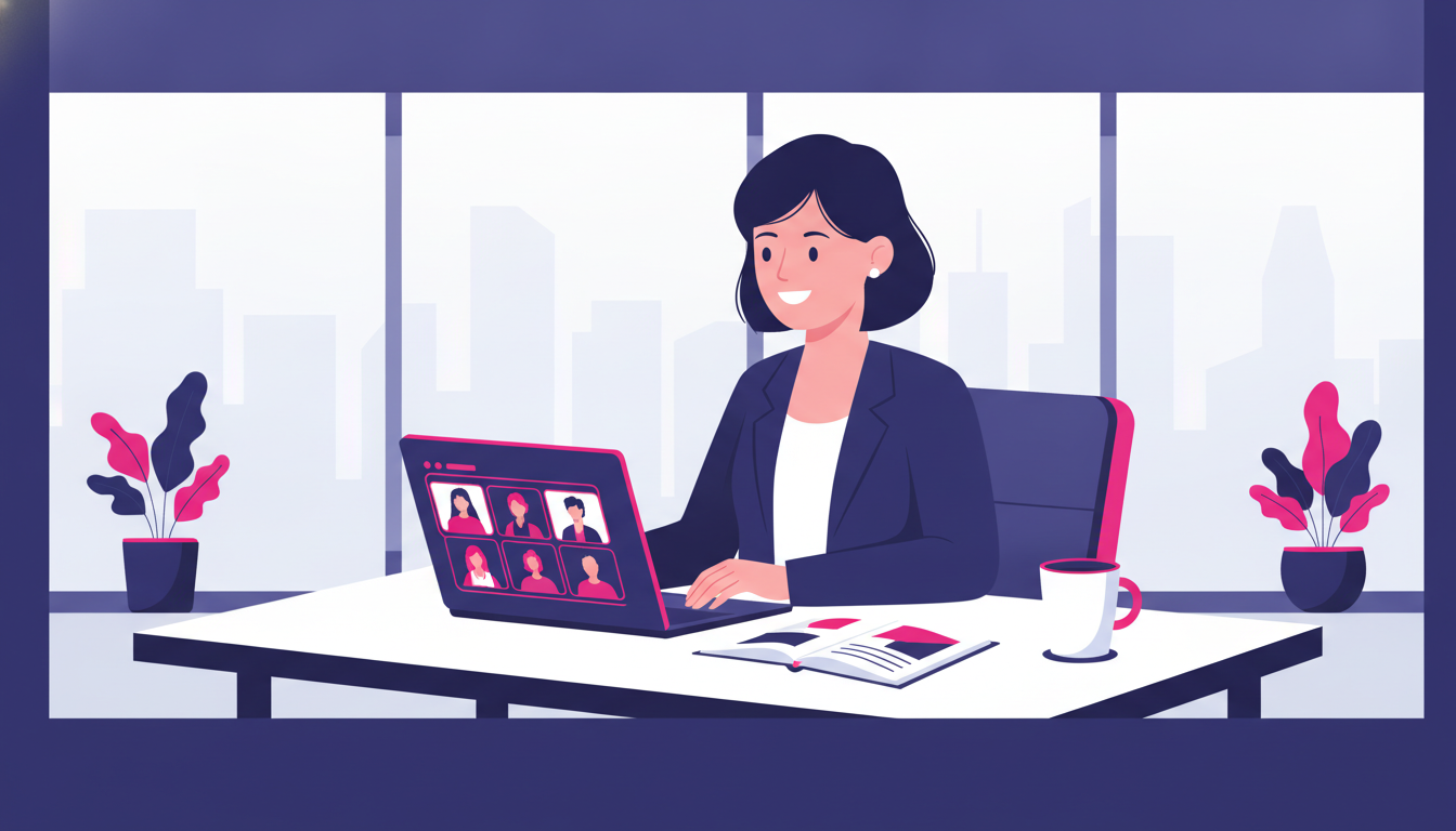 a young professional woman in a bright co-working space in Singapore, smiling while having a video call interview on her laptop with notes open beside her