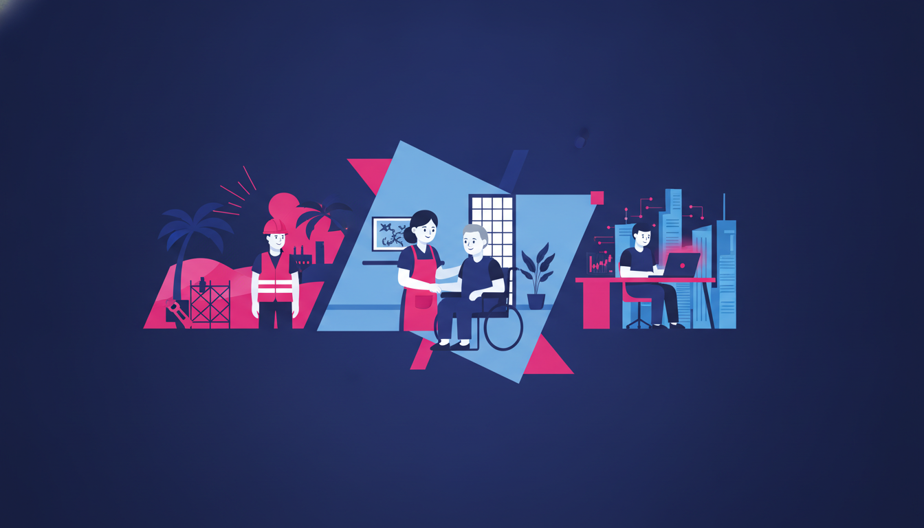 a collage-style scene of Indonesian workers in different environments: a construction site in the Middle East, a care home in Japan, and an office building in Singapore