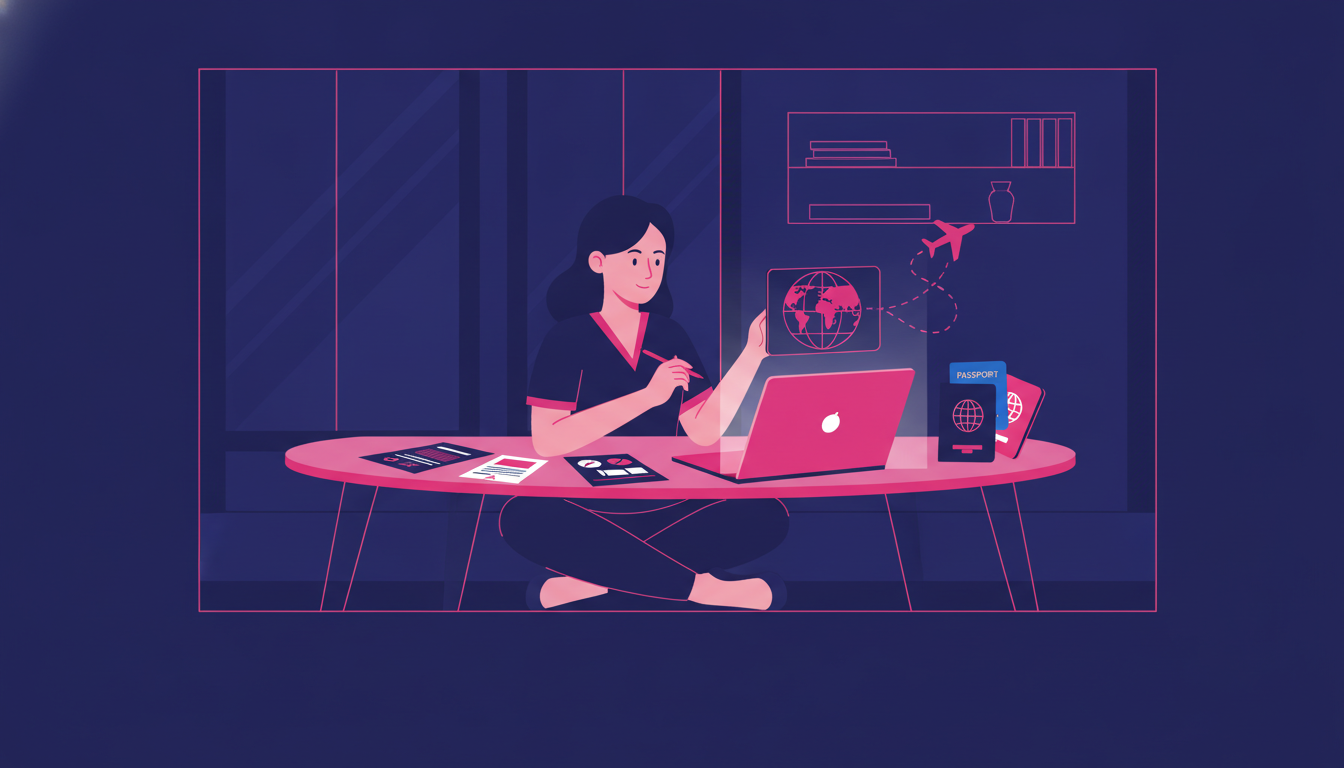 a thoughtful Indonesian woman sitting at a desk with documents and a laptop, preparing paperwork for working abroad