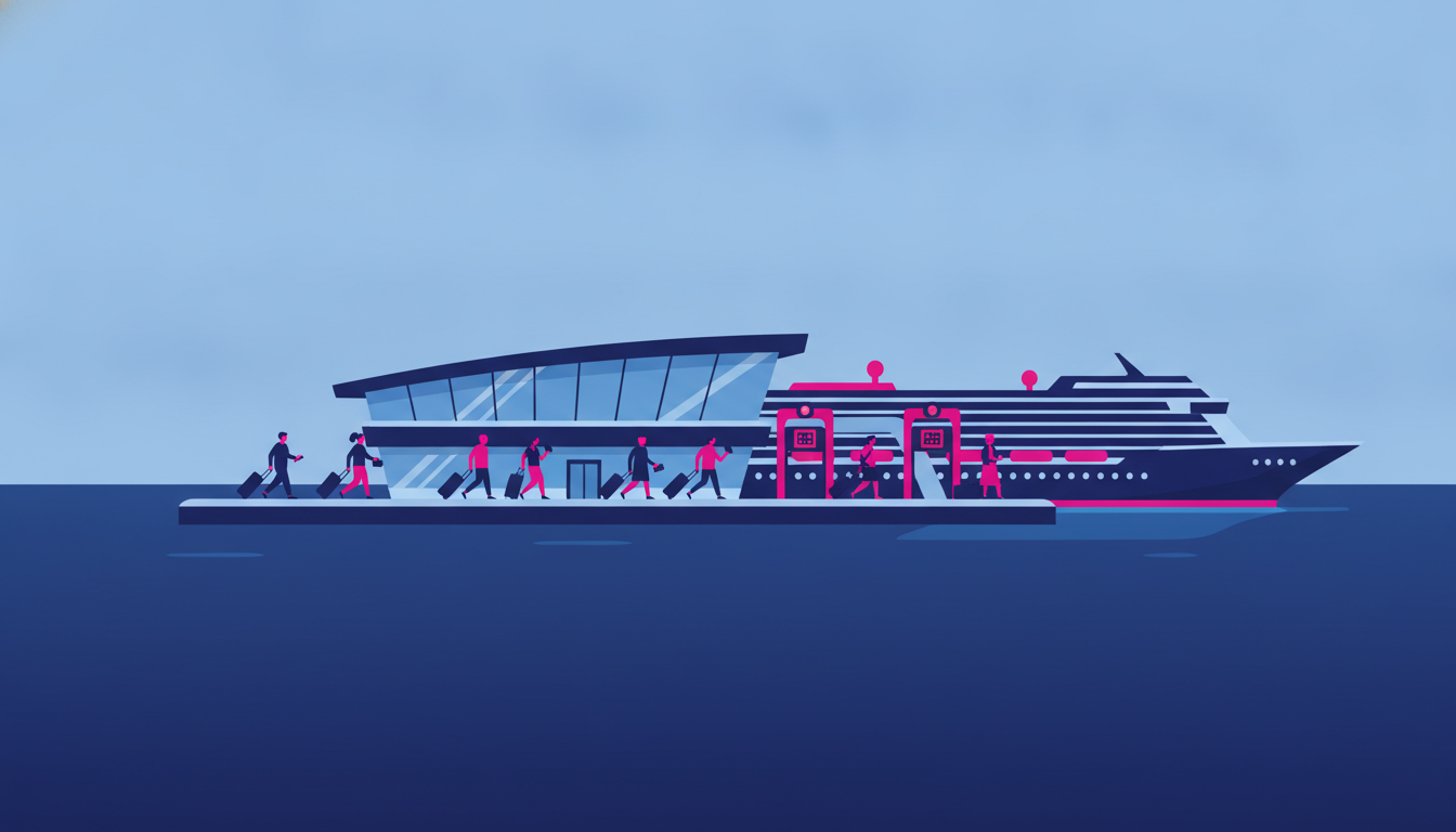 Requirements for International Cruise Travel: Full Guide 2 a busy international cruise terminal with travelers pulling luggage through a modern port building, passport checks at the gate
