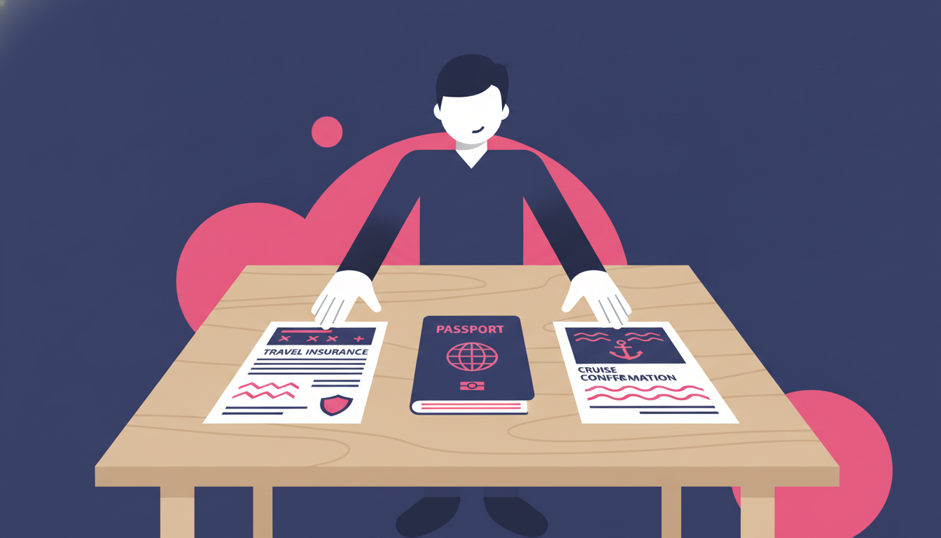 Requirements for International Cruise Travel: Full Guide 3 a traveler spreading out a passport, travel insurance documents, and cruise booking confirmation on a wooden table