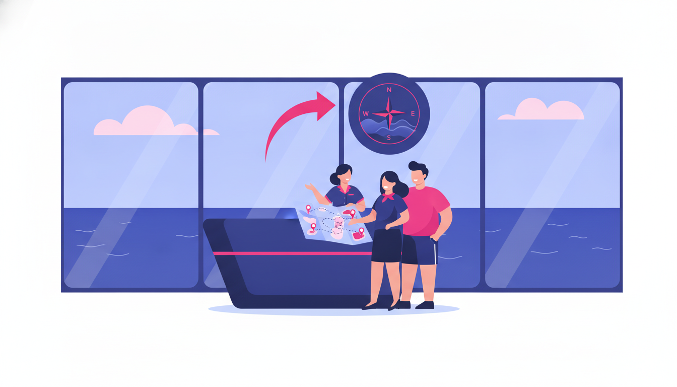 Requirements for International Cruise Travel: Full Guide 4 a couple at a cruise ship information desk reviewing a map of port destinations with a staff member