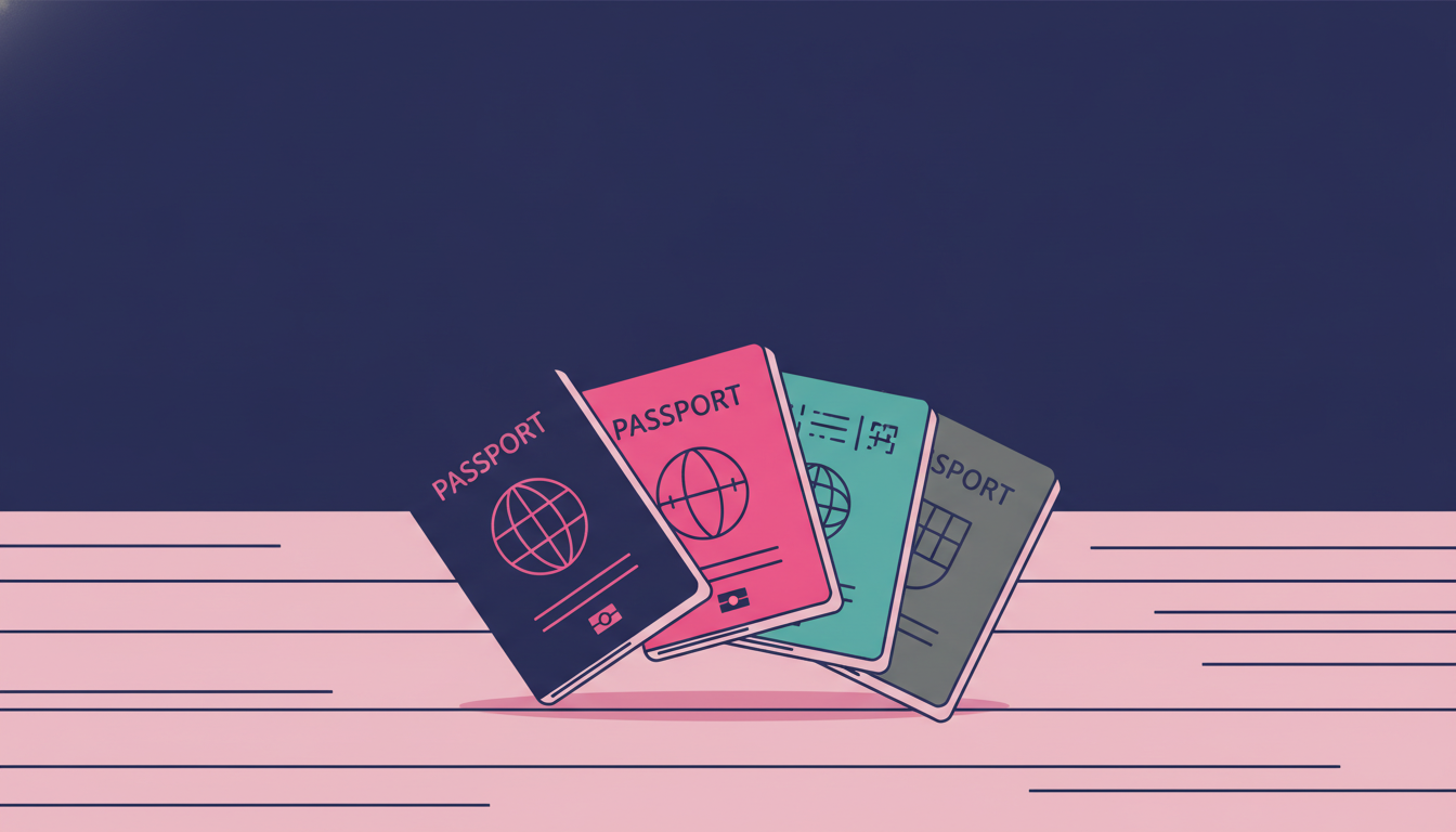 a close-up of several different colored passport booklets fanned out on a wooden desk