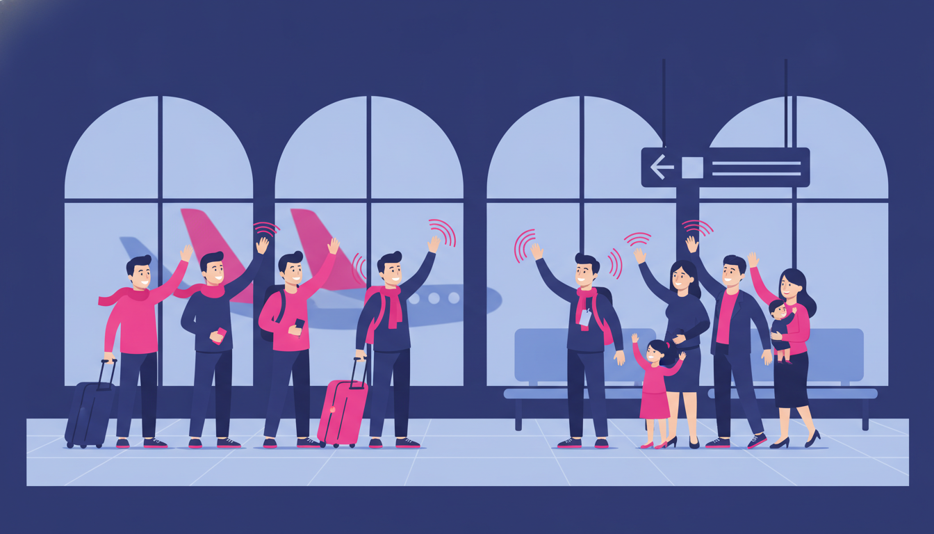 a diverse group of young Indonesian professionals gathered at an international airport departure hall, carrying luggage, smiling and saying goodbye to family