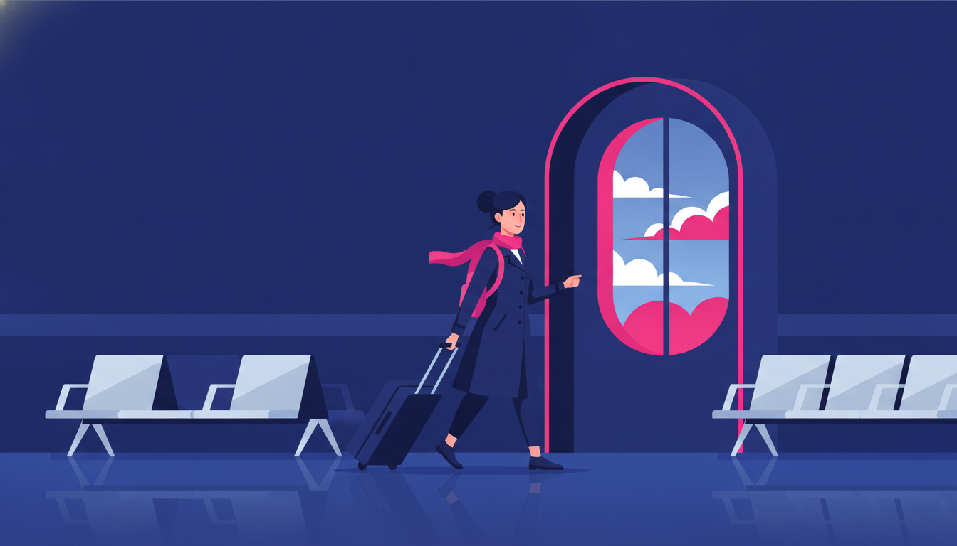Why Do So Many Indonesians Work Abroad? 2 A young Indonesian woman at an international airport departure gate, pulling a suitcase, looking determined and hopeful