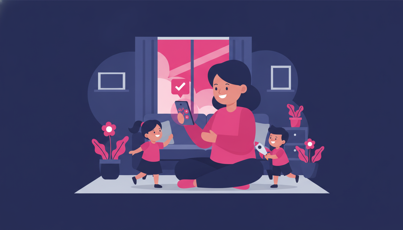 Why Do So Many Indonesians Work Abroad? 4 A smiling Indonesian mother at home receiving a mobile phone notification of a money transfer, with her children nearby