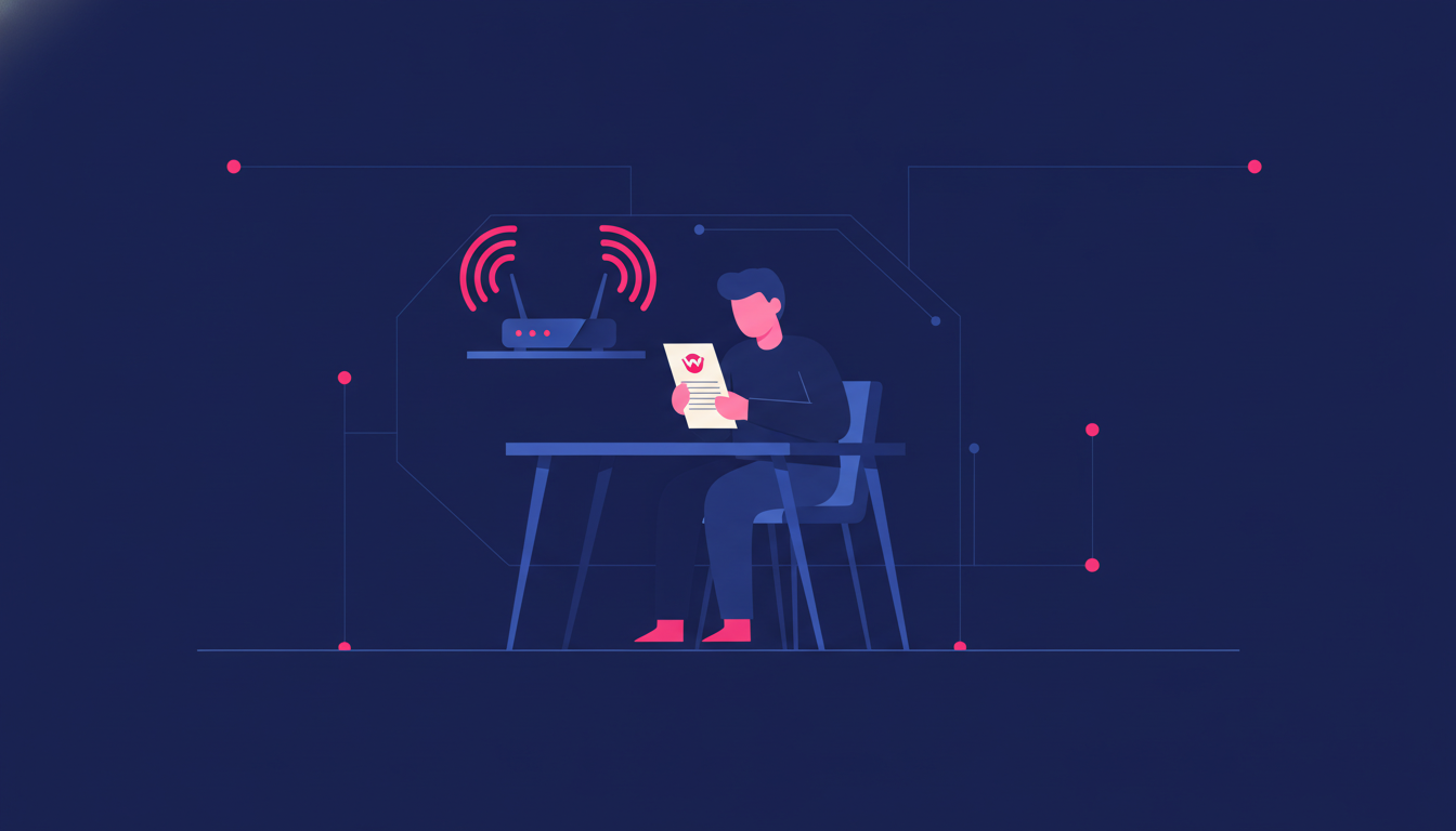 WiFi Customer ID Number: How to Find and Use It 2 a person sitting at a home desk, looking at a paper bill from an internet service provider while a WiFi router glows in the background