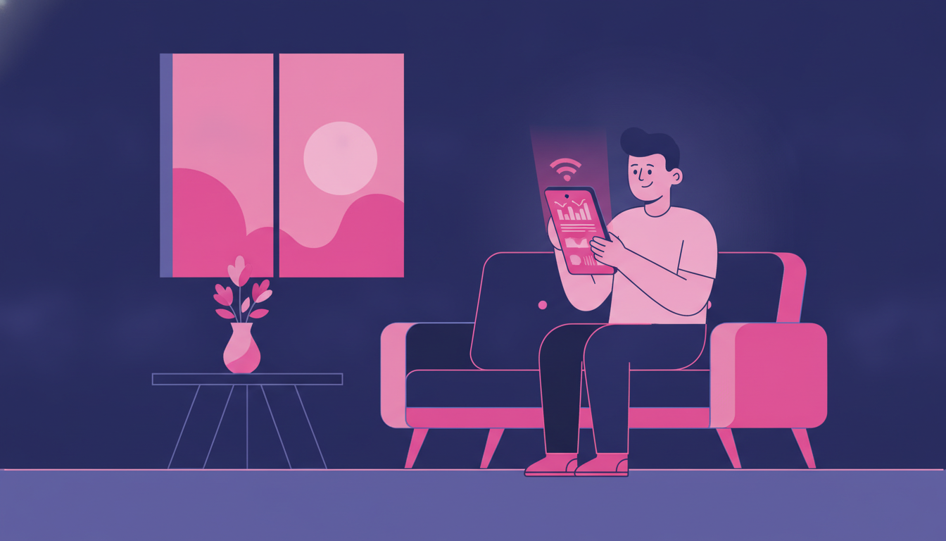 WiFi Customer ID Number: How to Find and Use It 4 a person using a smartphone app to manage their internet account, smiling while sitting on a couch in a modern apartment
