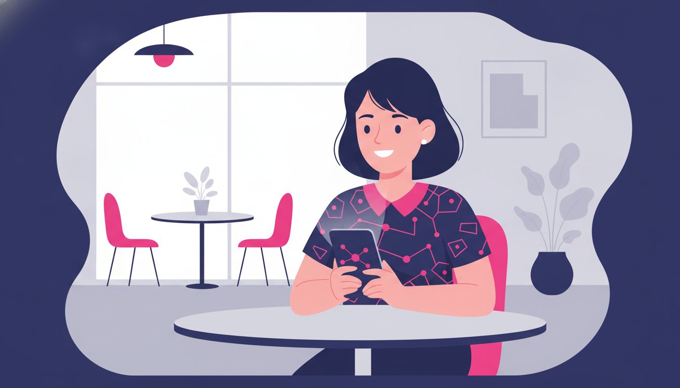 a young woman smiling while using a smartphone app at a bright modern cafe