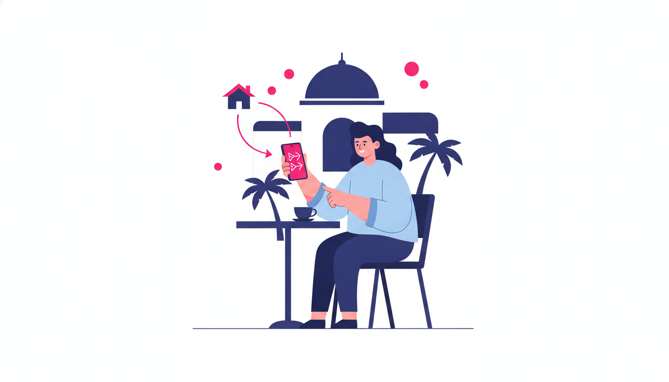 a person sitting at a café abroad looking at a smartphone while sending money home, with a warm smile on their face