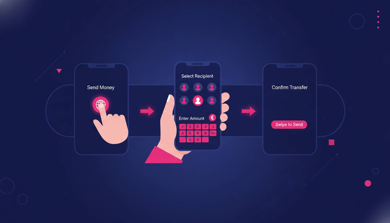 a step-by-step process shown through a person's hands tapping on a smartphone app to initiate an international money transfer